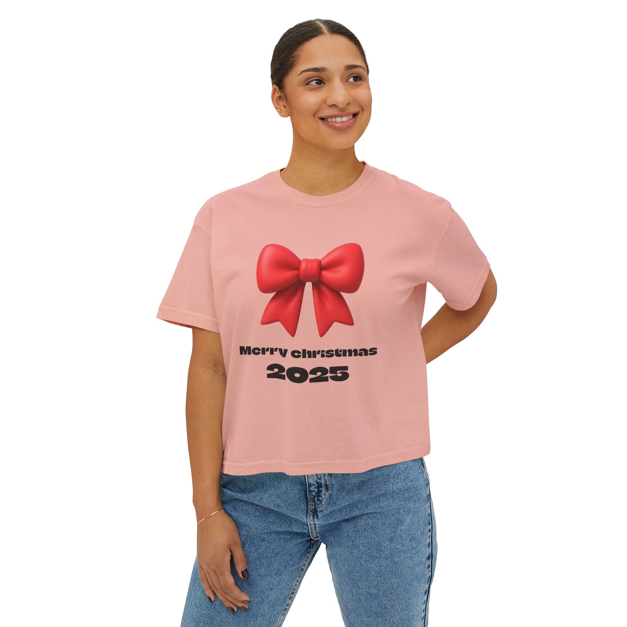 Women's Boxy Tee — Merry Christmas 2025 Red Bow Holiday Shirt