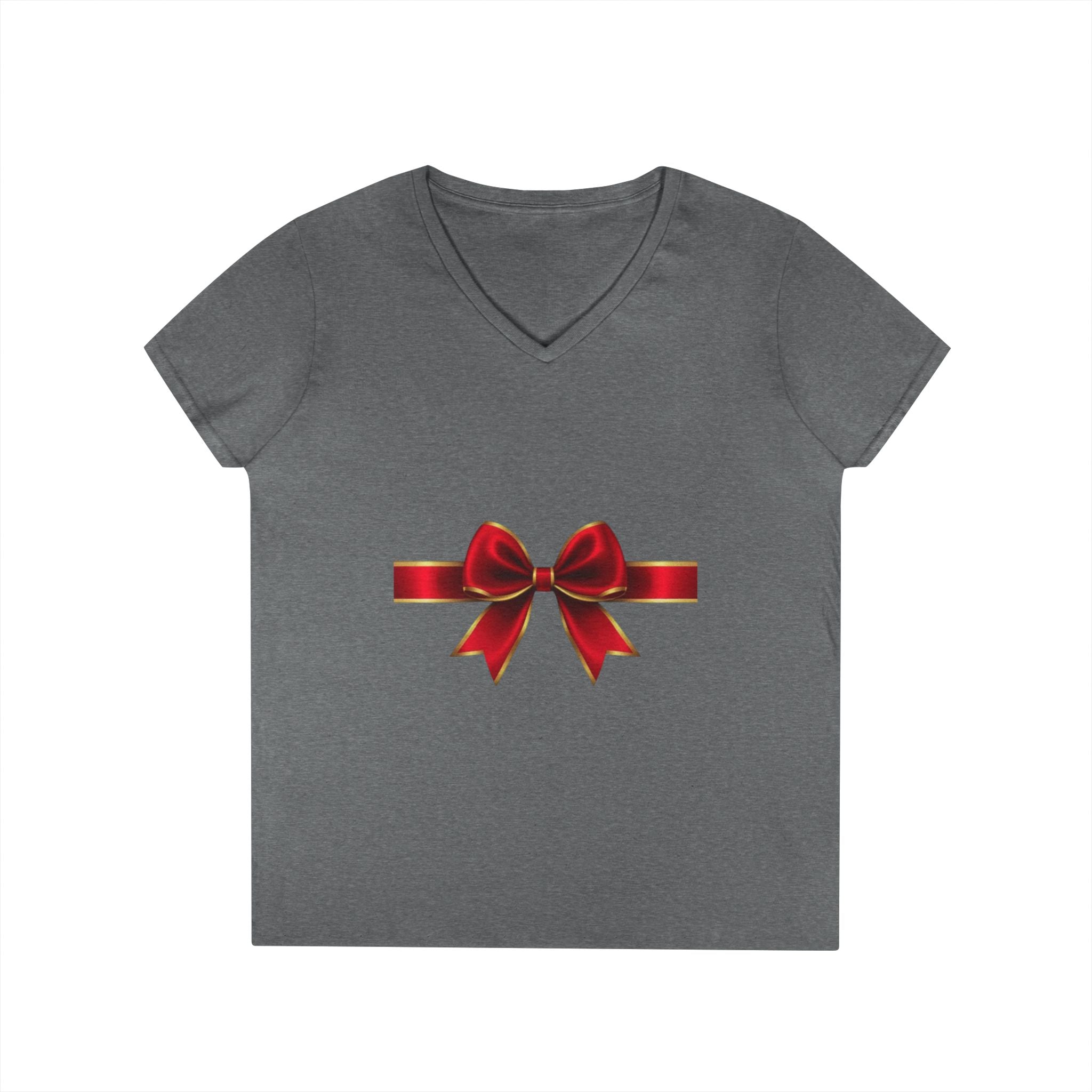 Women's V-Neck T-Shirt with Red Ribbon Bow Graphic — Gift-Ready Holiday Tee