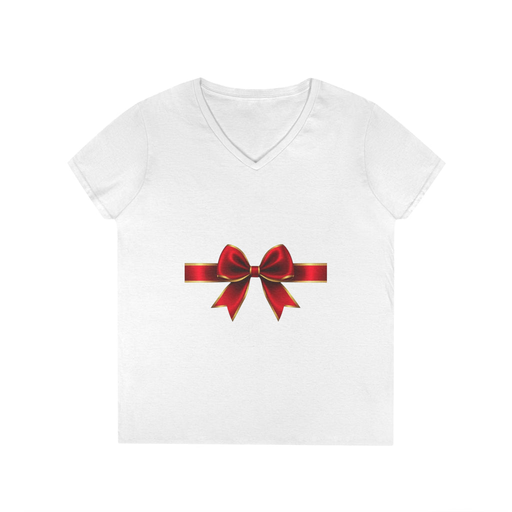 Women's V-Neck T-Shirt with Red Ribbon Bow Graphic — Gift-Ready Holiday Tee