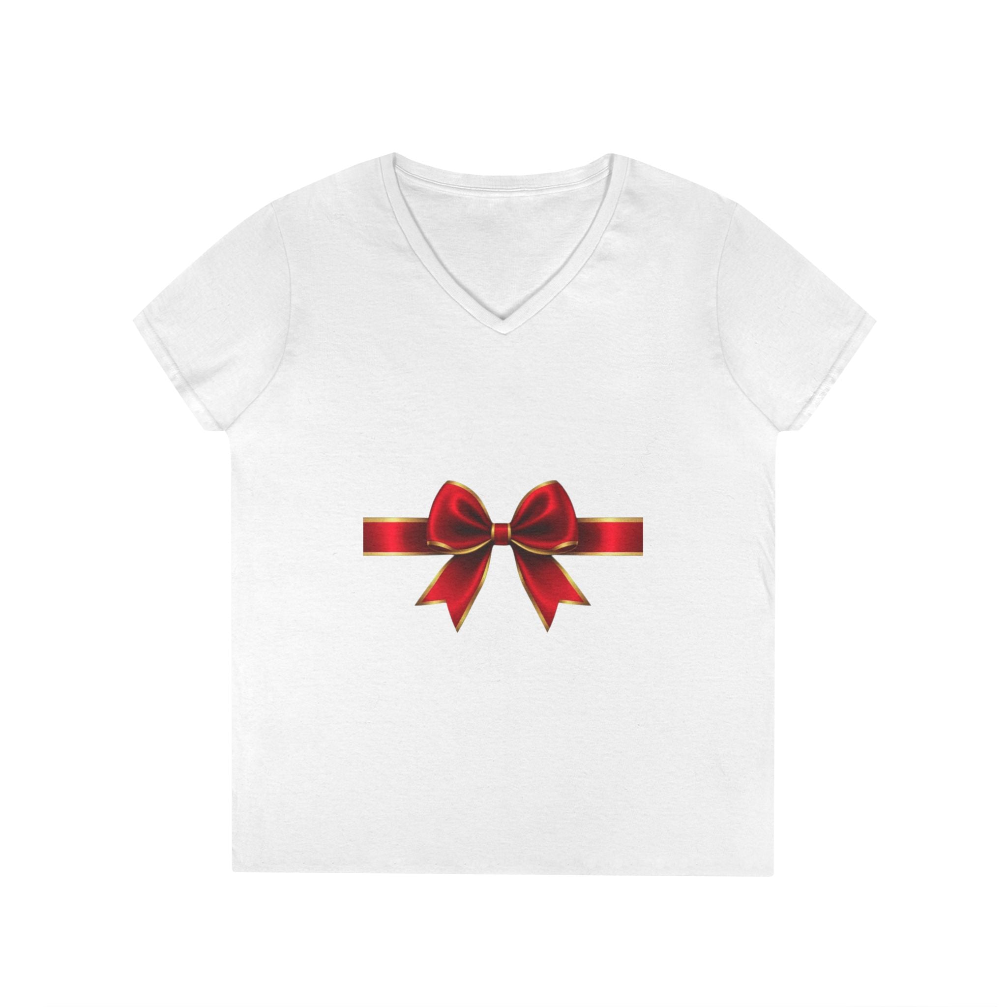 Women's V-Neck T-Shirt with Red Ribbon Bow Graphic — Gift-Ready Holiday Tee