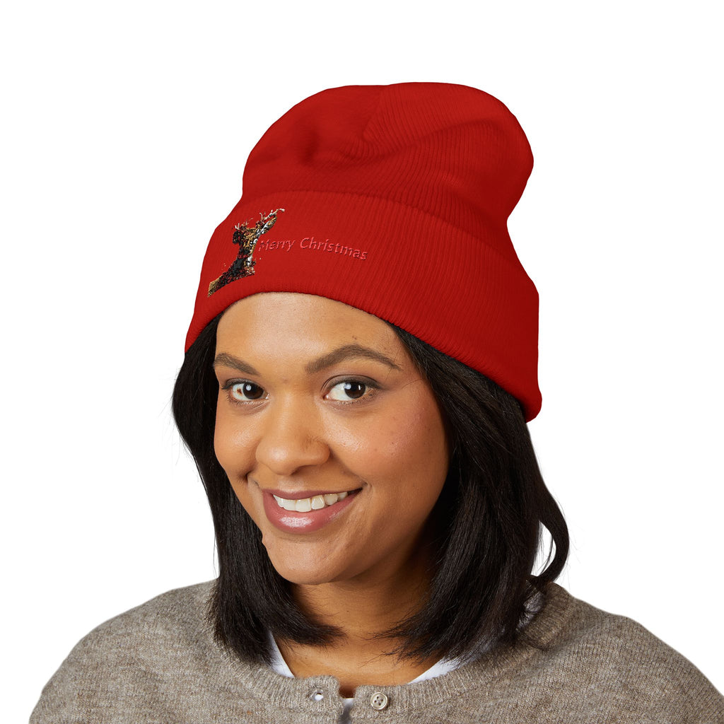 Embroidered Reindeer 'Merry Christmas' Cuffed Beanie
