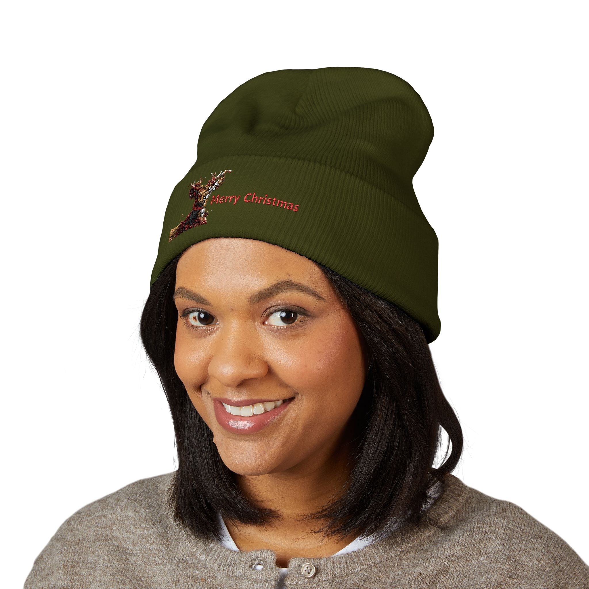 Embroidered Reindeer 'Merry Christmas' Cuffed Beanie