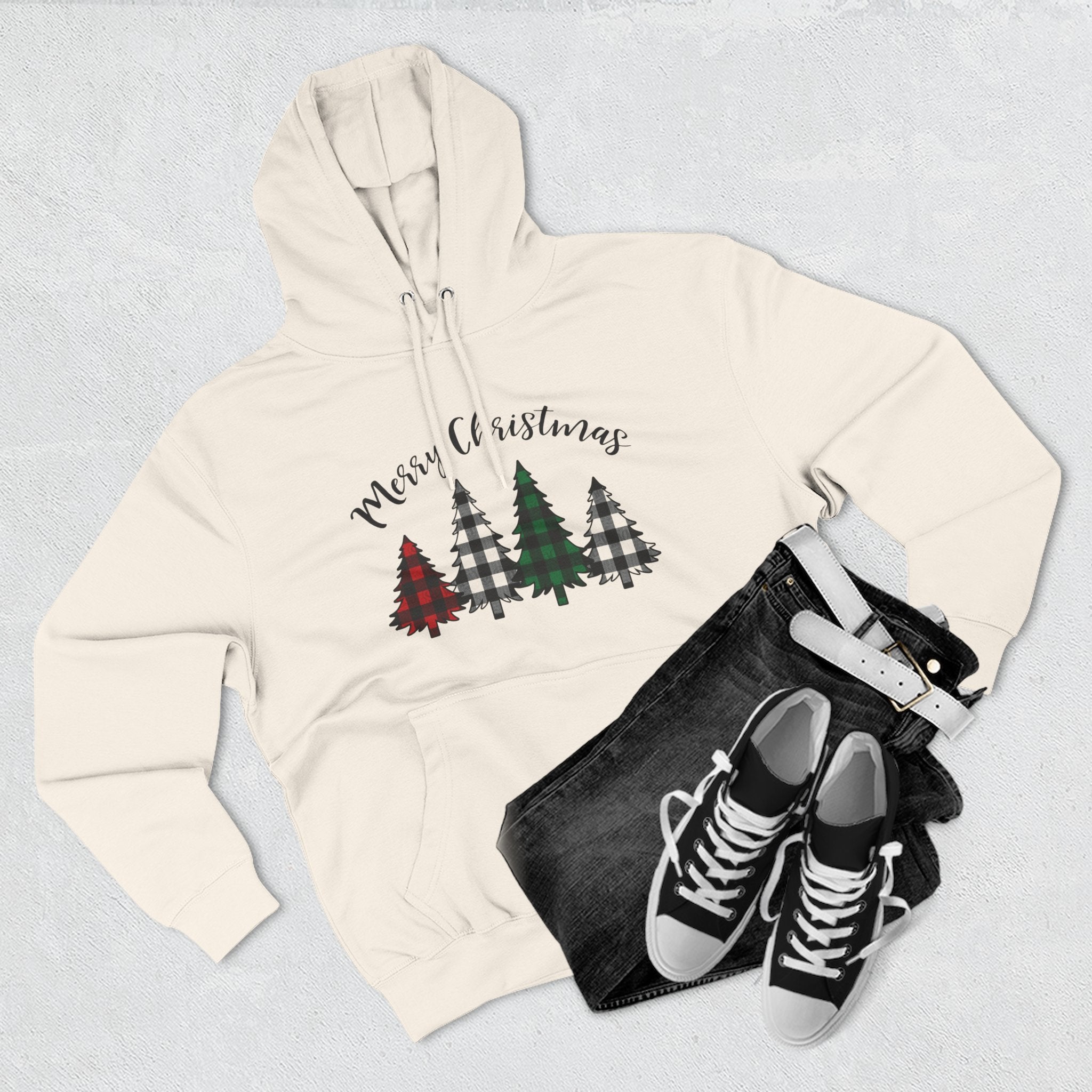 Merry & Bright Christmas Trees Hoodie — Minimal Holiday Fleece Pullover