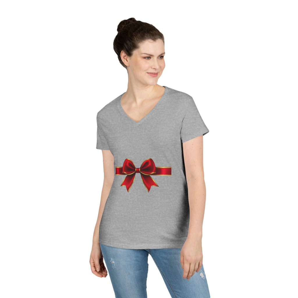 Women's V-Neck T-Shirt with Red Ribbon Bow Graphic — Gift-Ready Holiday Tee
