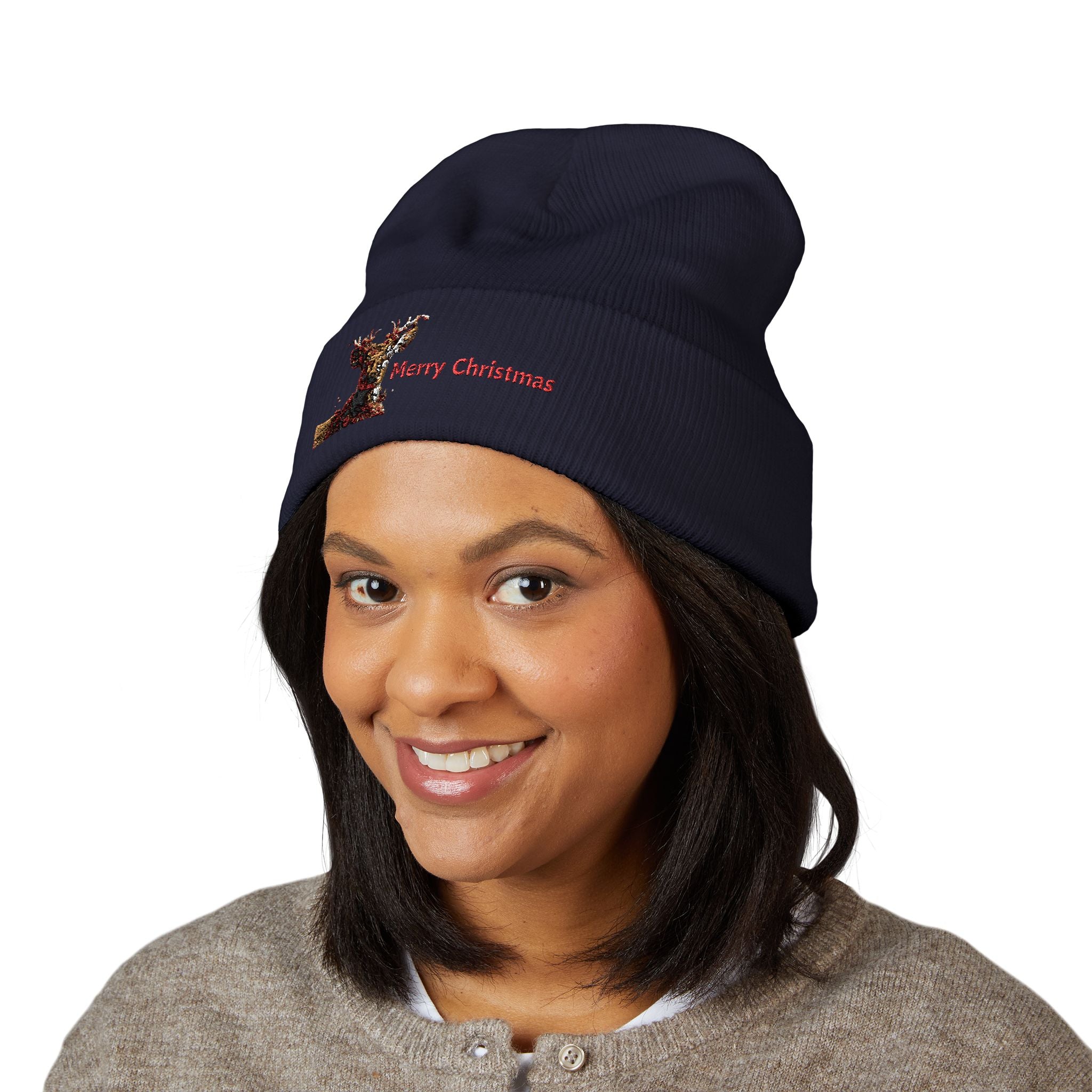 Embroidered Reindeer 'Merry Christmas' Cuffed Beanie