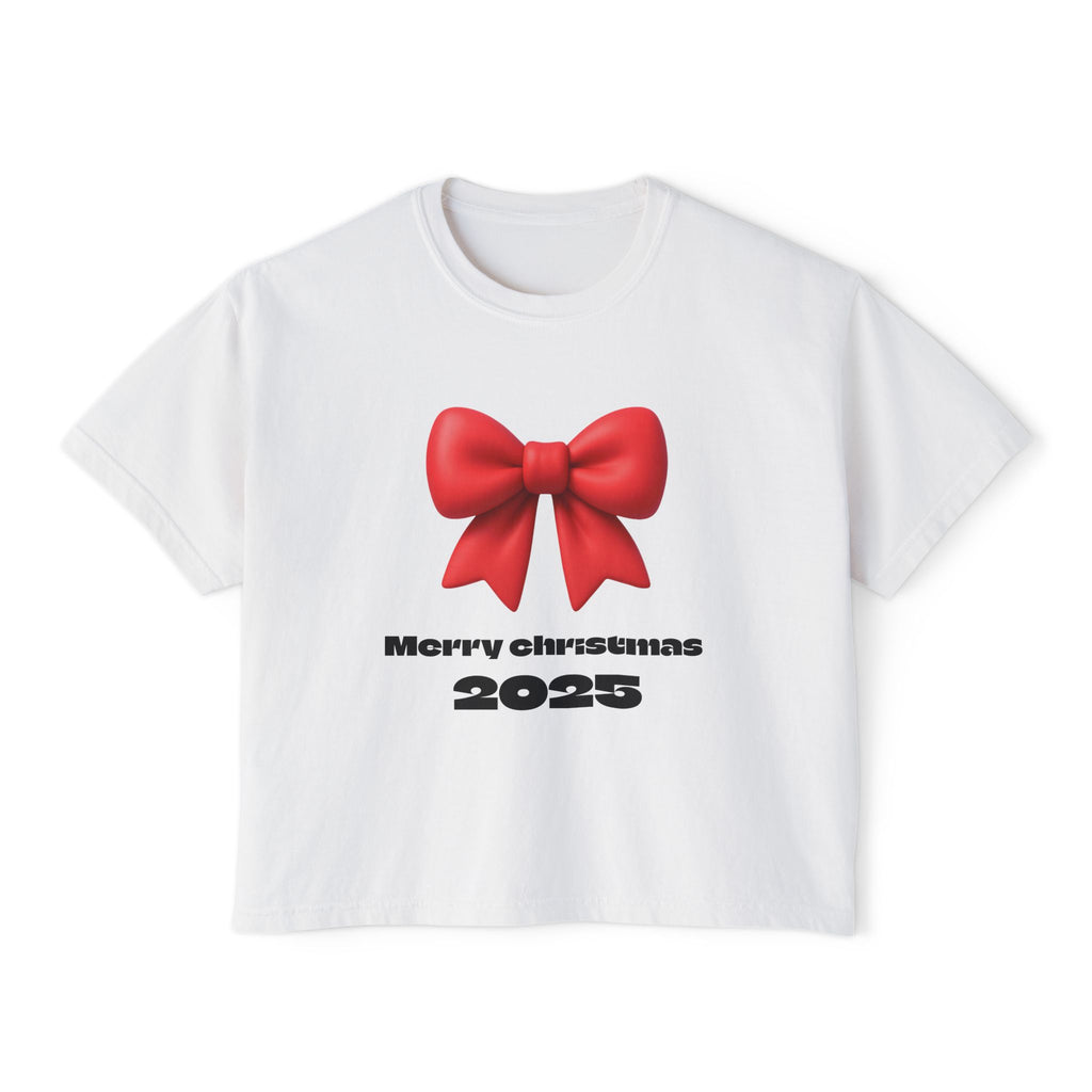 Women's Boxy Tee — Merry Christmas 2025 Red Bow Holiday Shirt