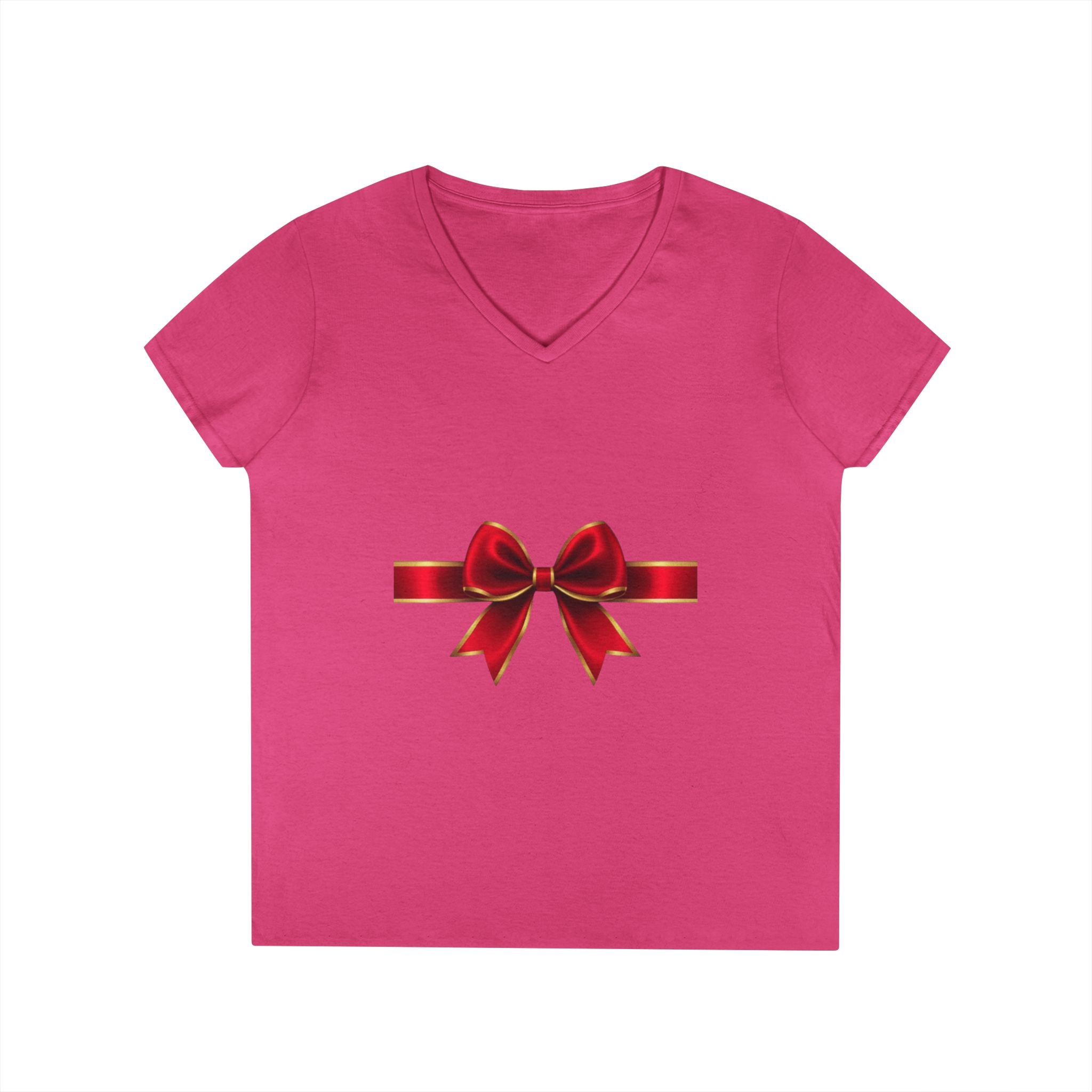 Women's V-Neck T-Shirt with Red Ribbon Bow Graphic — Gift-Ready Holiday Tee