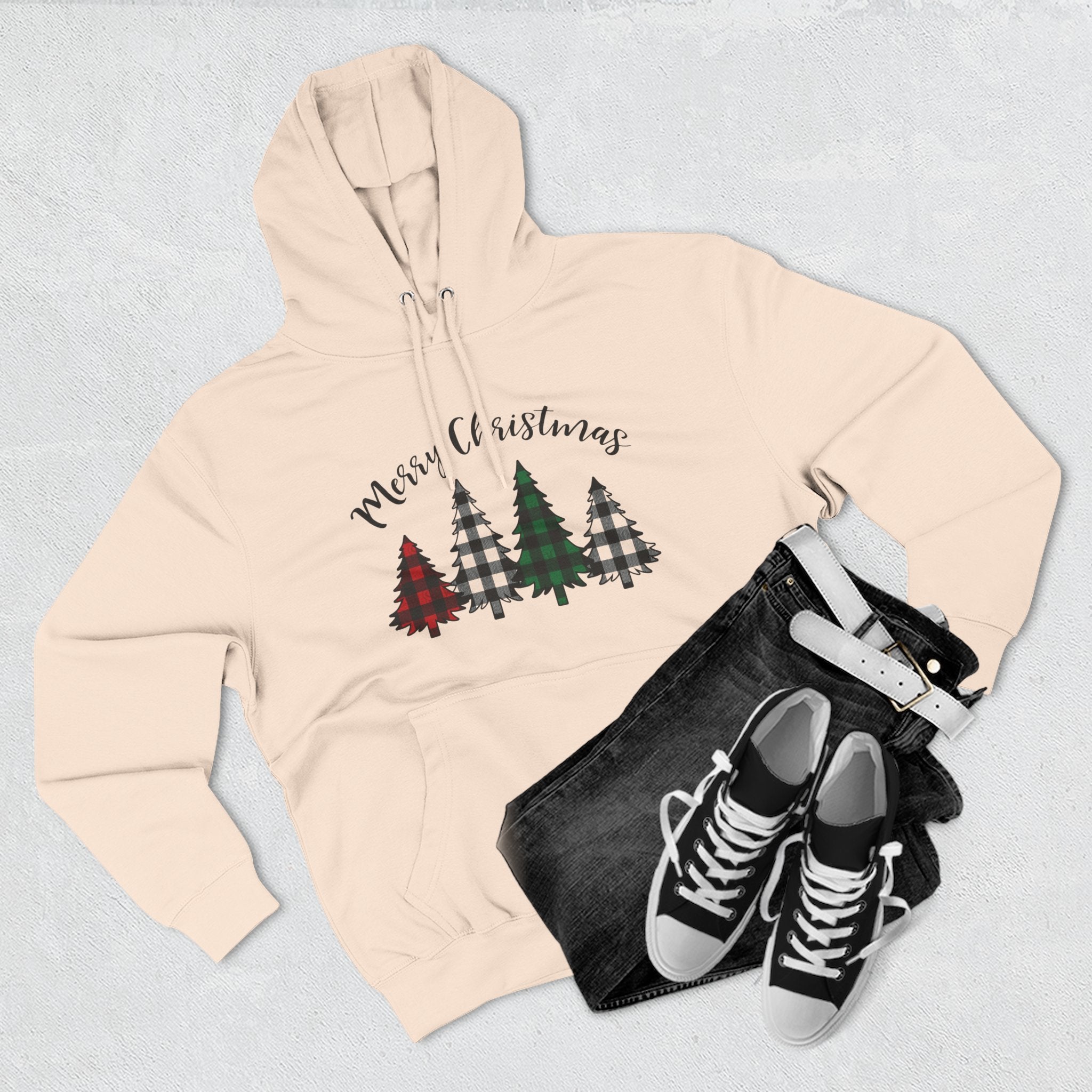 Merry & Bright Christmas Trees Hoodie — Minimal Holiday Fleece Pullover