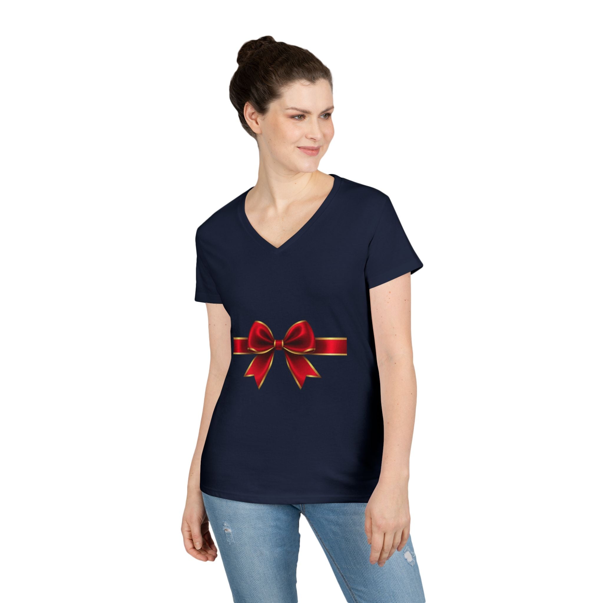 Women's V-Neck T-Shirt with Red Ribbon Bow Graphic — Gift-Ready Holiday Tee