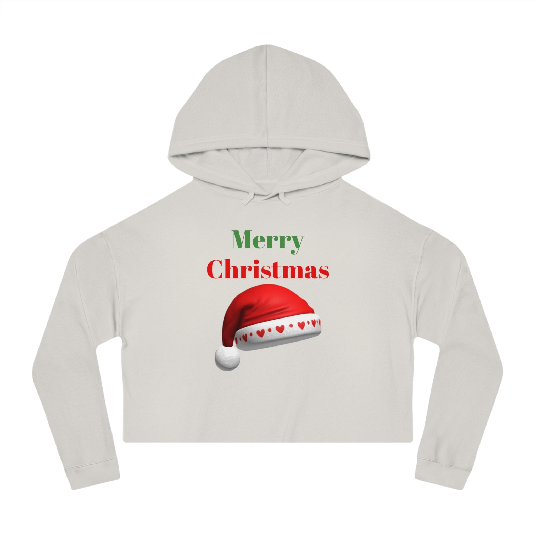 Merry Christmas Cropped Hoodie — Festive Santa Hat Holiday Sweatshirt for Women