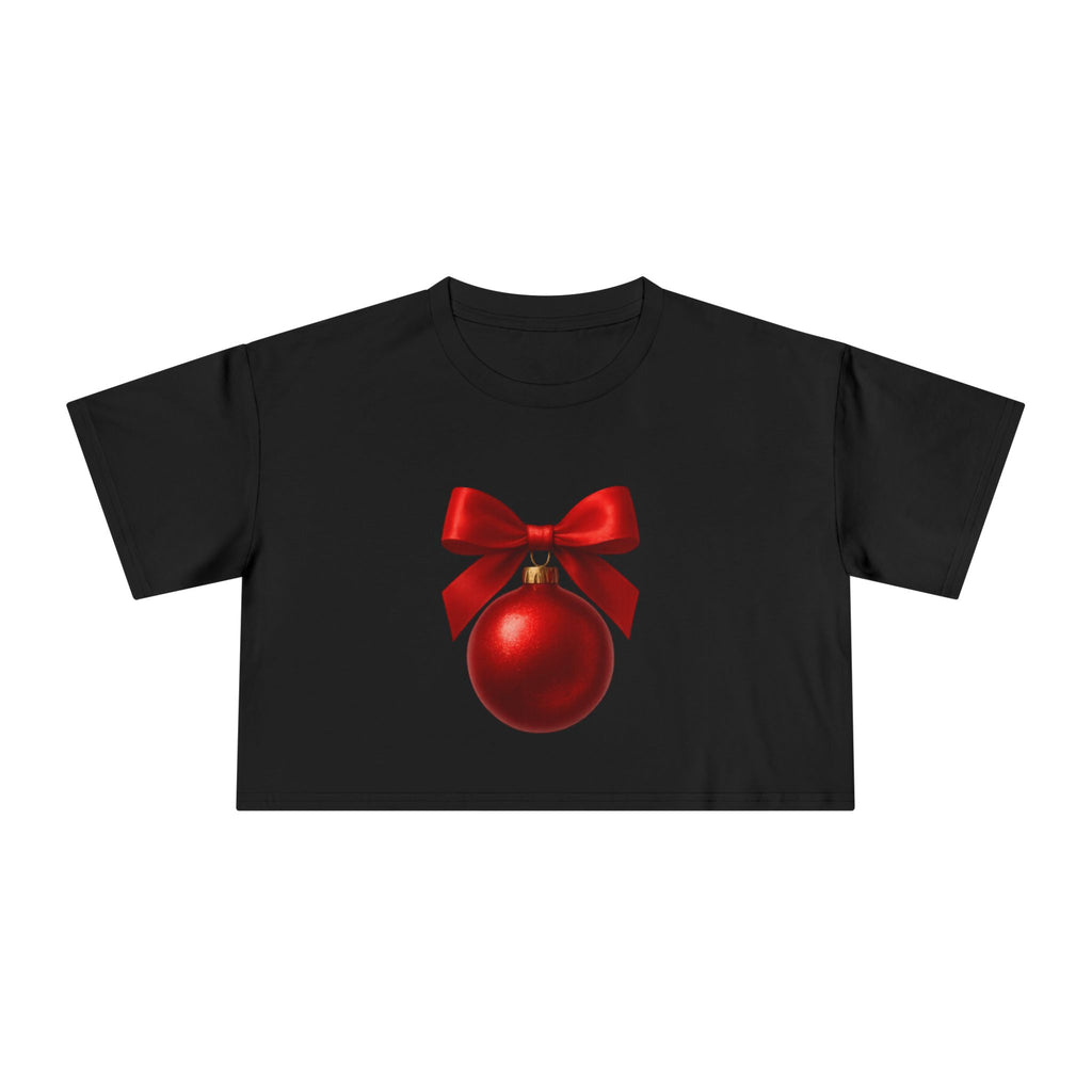 Christmas Ornament Crop Tee — Red Bow Holiday Graphic Top