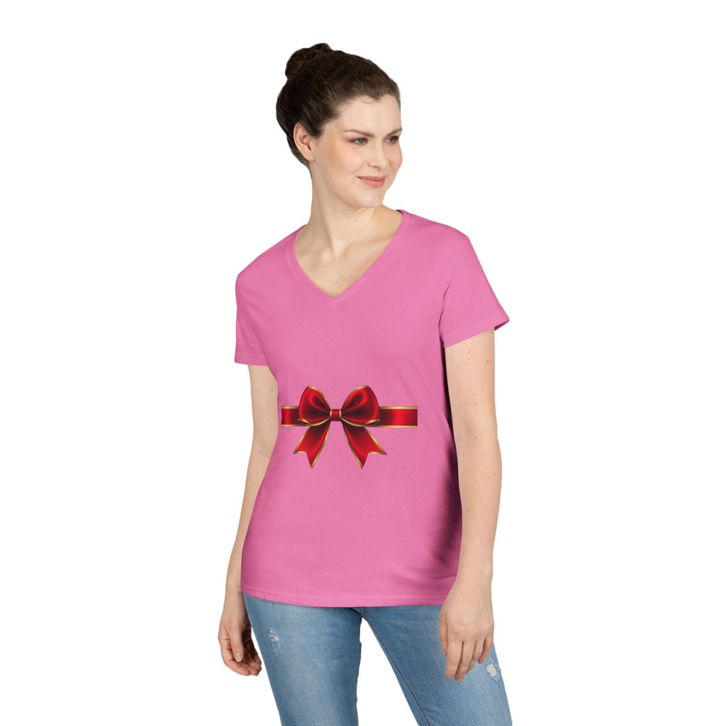 Women's V-Neck T-Shirt with Red Ribbon Bow Graphic — Gift-Ready Holiday Tee
