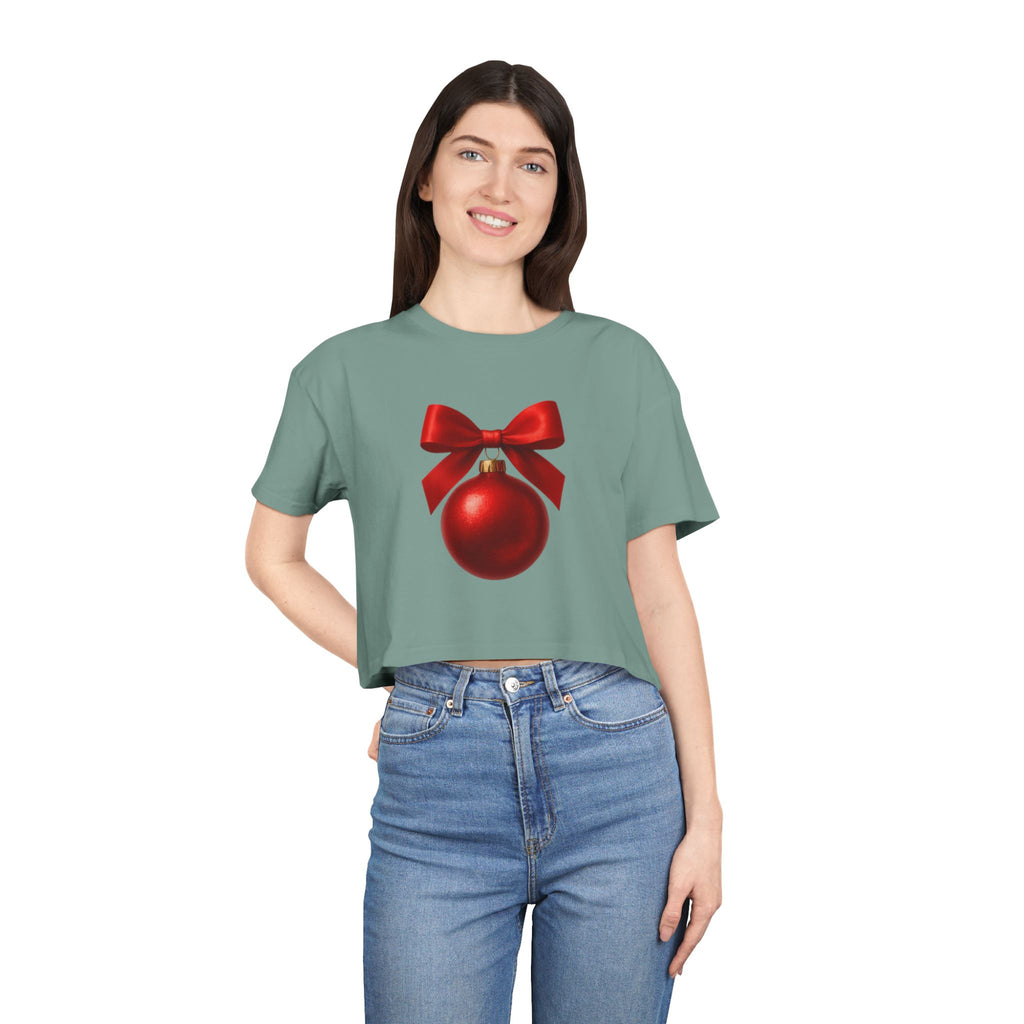Christmas Ornament Crop Tee — Red Bow Holiday Graphic Top
