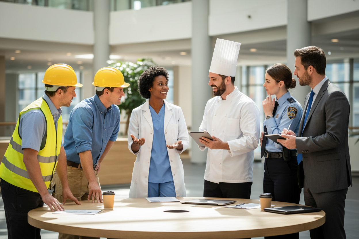 a picture of different professionals in uniform having a discussion  